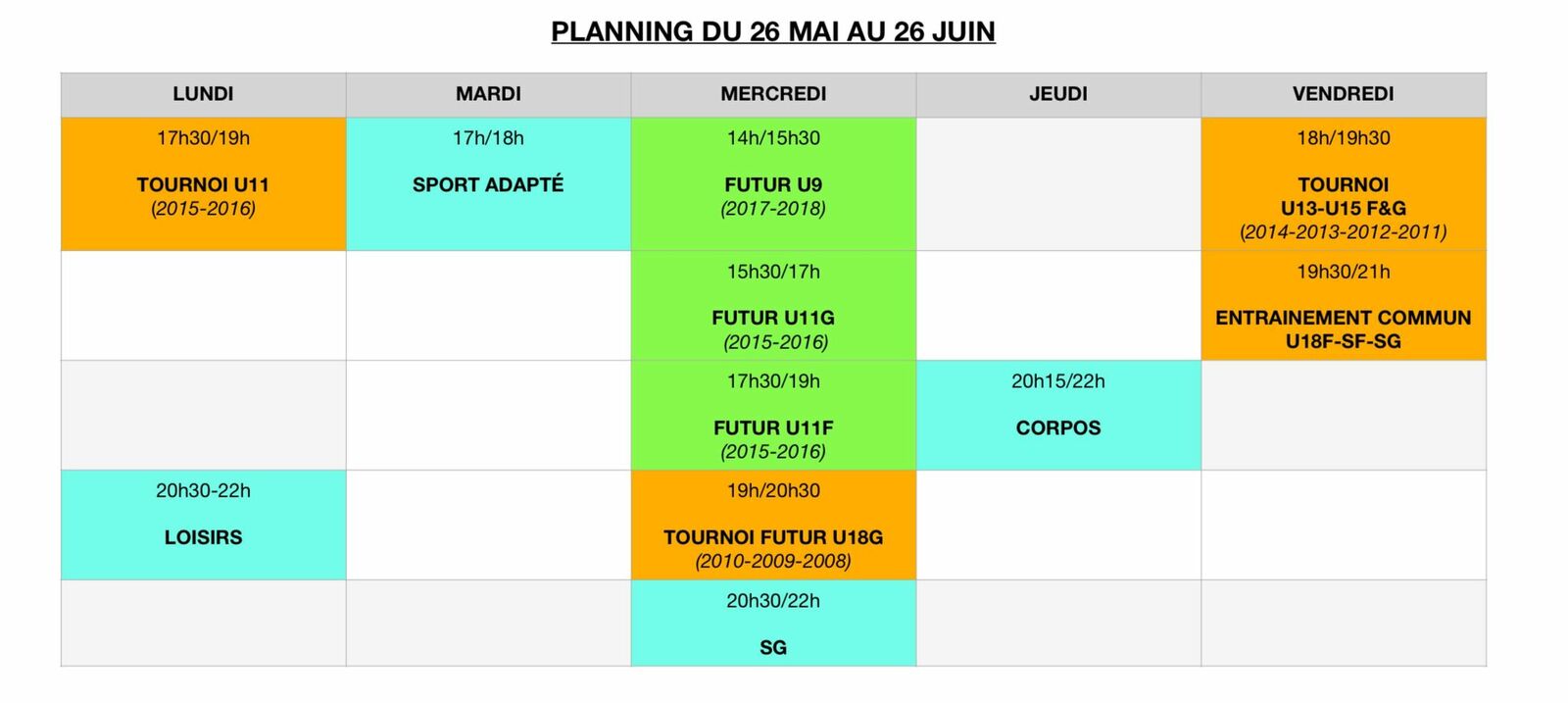 Modification des entrainements du 26 mai au 26 juin