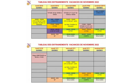 Le tableau des entrainements pendant les vacances de la Toussaint