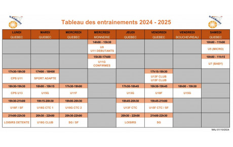 Planning des entrainements Saison 2024-2025